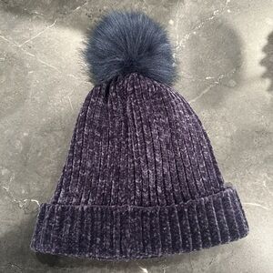 LOFT Plush Purple Knit Hat with Pom-Pom